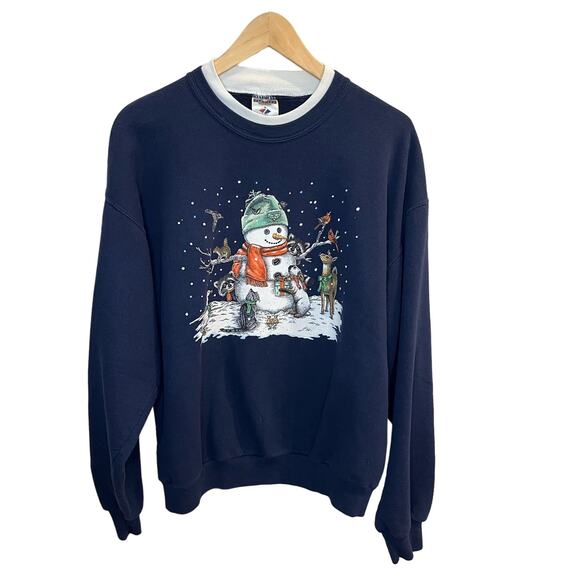 Vintage Jerzees Navy Forest Critter Snowman‎ Sweatshirt Size Large Holiday - Picture 1 of 4